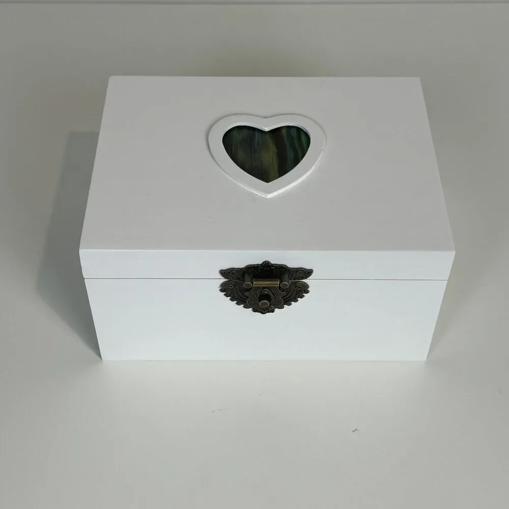 Hand-painted Wood-burned Heart White Jewelry Keepsake Box 8.5x6.5x4.5 White